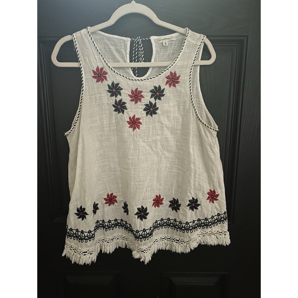 Max Studio Floral Embroidered Sleeveless Top Bohemian Fringe Hem Tie Boho Size L
